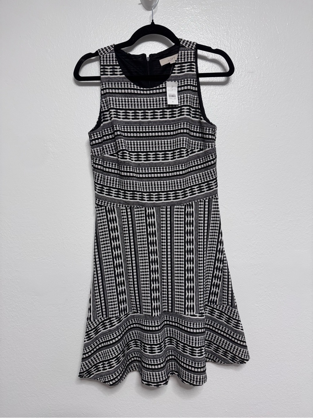 LOFT Black and White Geometric Sleeveless Fit & Flare Dress